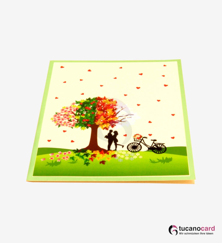 (DATEN fehlen) Vier Jahreszeiten - Pärchen unter Baum mit Fahrrad - Bunt