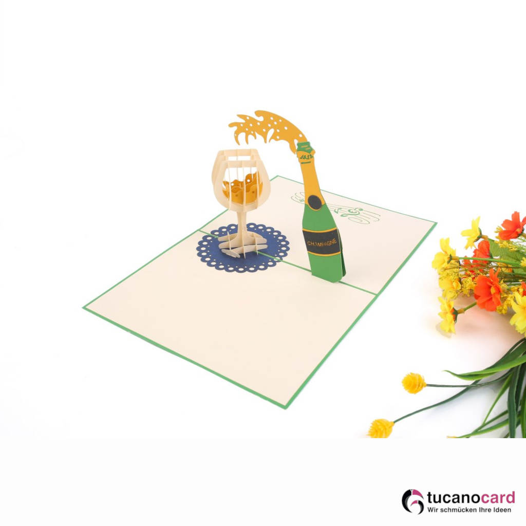 Champagner mit Sektglas - Kartenfarbe Grün - 15 x 20 cm