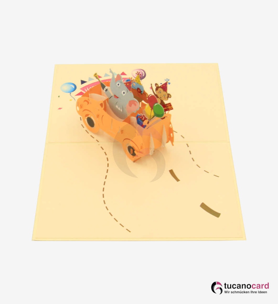 Happy Birthday - Tiere im Auto - Kartenfarbe: Beige - 13 x 18 cm