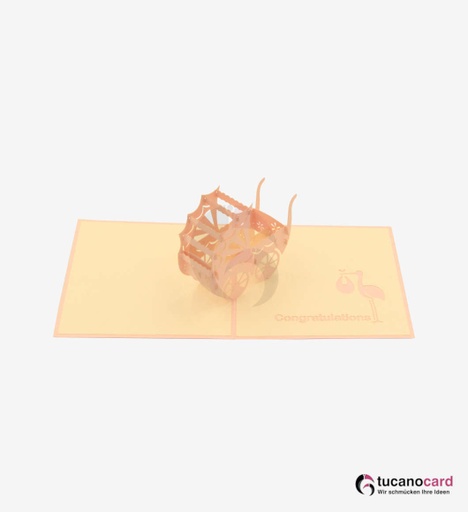 [1100037] Baby Mädchen liegend im Kinderwagen - Kartenfarbe Rosa - 12 x 12 cm