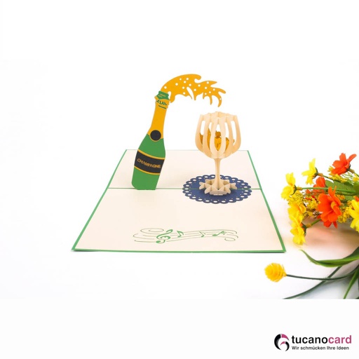 [1100012] Champagner mit Sektglas - Kartenfarbe Grün - 15 x 20 cm