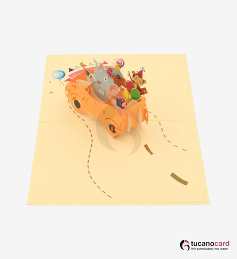 [1100014] Happy Birthday - Tiere im Auto - Kartenfarbe: Beige - 13 x 18 cm