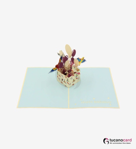 [1100015] Happy Birthday - Vögel und Ballons in Box - Kartenfarbe Beige - 15 x 20 cm