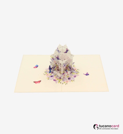 [1100041] Prunkvoller Käfig mit Vögeln und Schmetterlingen - Kartenfarbe Weiß - 15 x 20 cm
