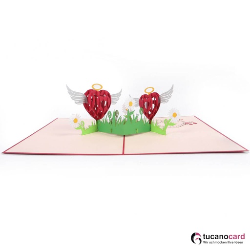 [1100026] Happy Valentine's Day, Zwei beflügelte Herzen - Kartenfarbe Rot - 15 x 20 cm