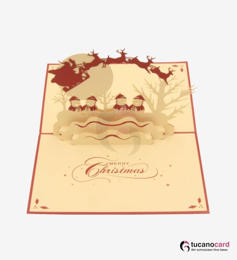 [1100003] Weihnachtsmann mit Schlitten, Rentieren und Schneemännern - Kartenfarbe Rot - 12 x 17 cm