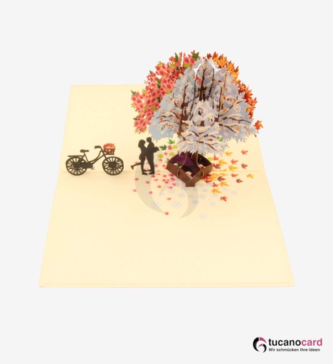 [1100004] LIMITED EDITION - Vier Jahreszeiten - Pärchen unter Baum mit Fahrrad - Kartenfarbe Bunt - 15 x 20 cm