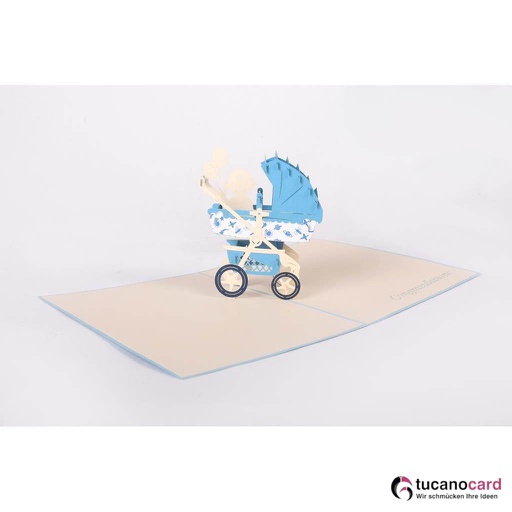 [1100034] Baby Junge sitzend im Kinderwagen - Kartenfarbe Blau - 15 x 20 cm