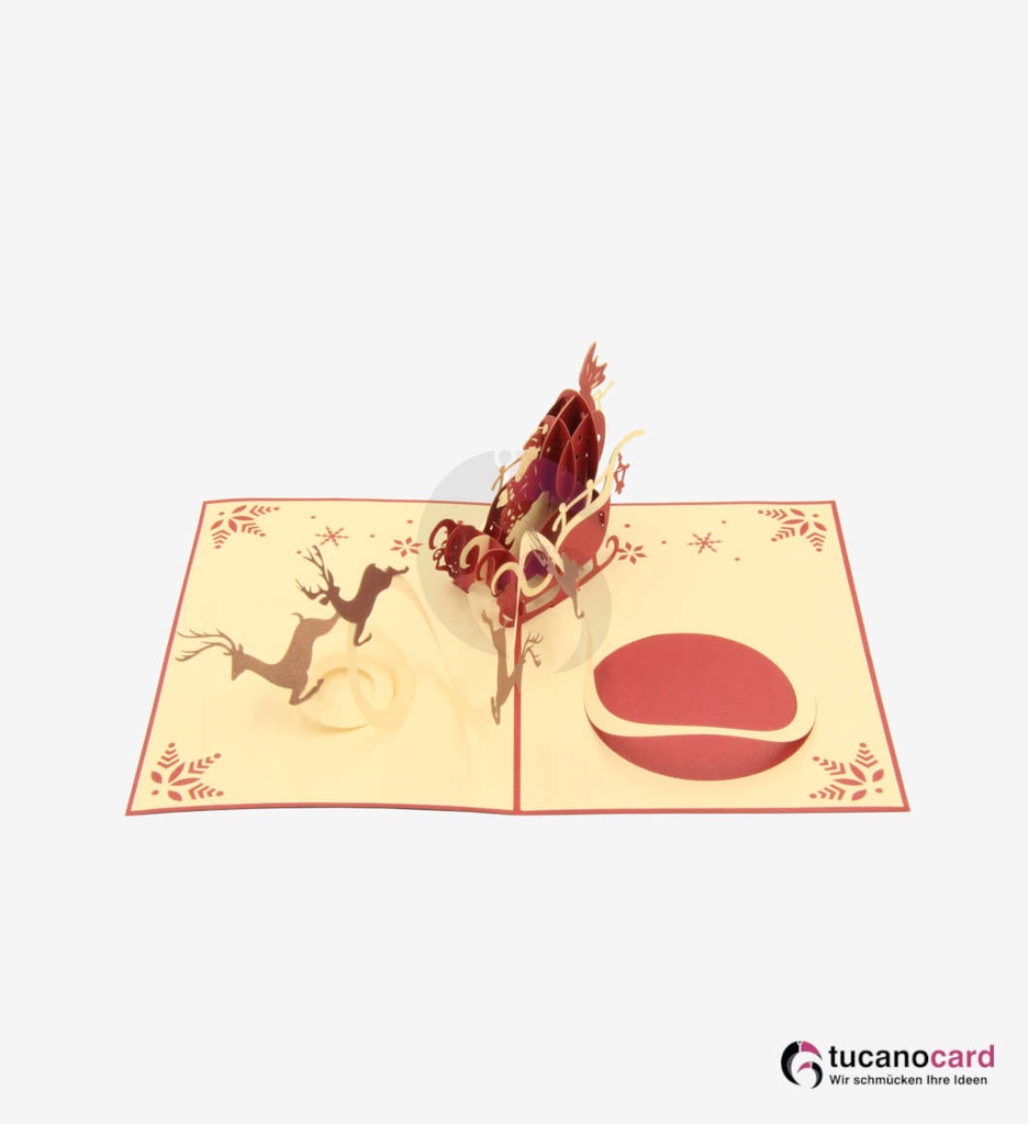 Weihnachtsmann mit Schlitten und Rentieren - Kartenfarbe Rot - 15 x 20 cm