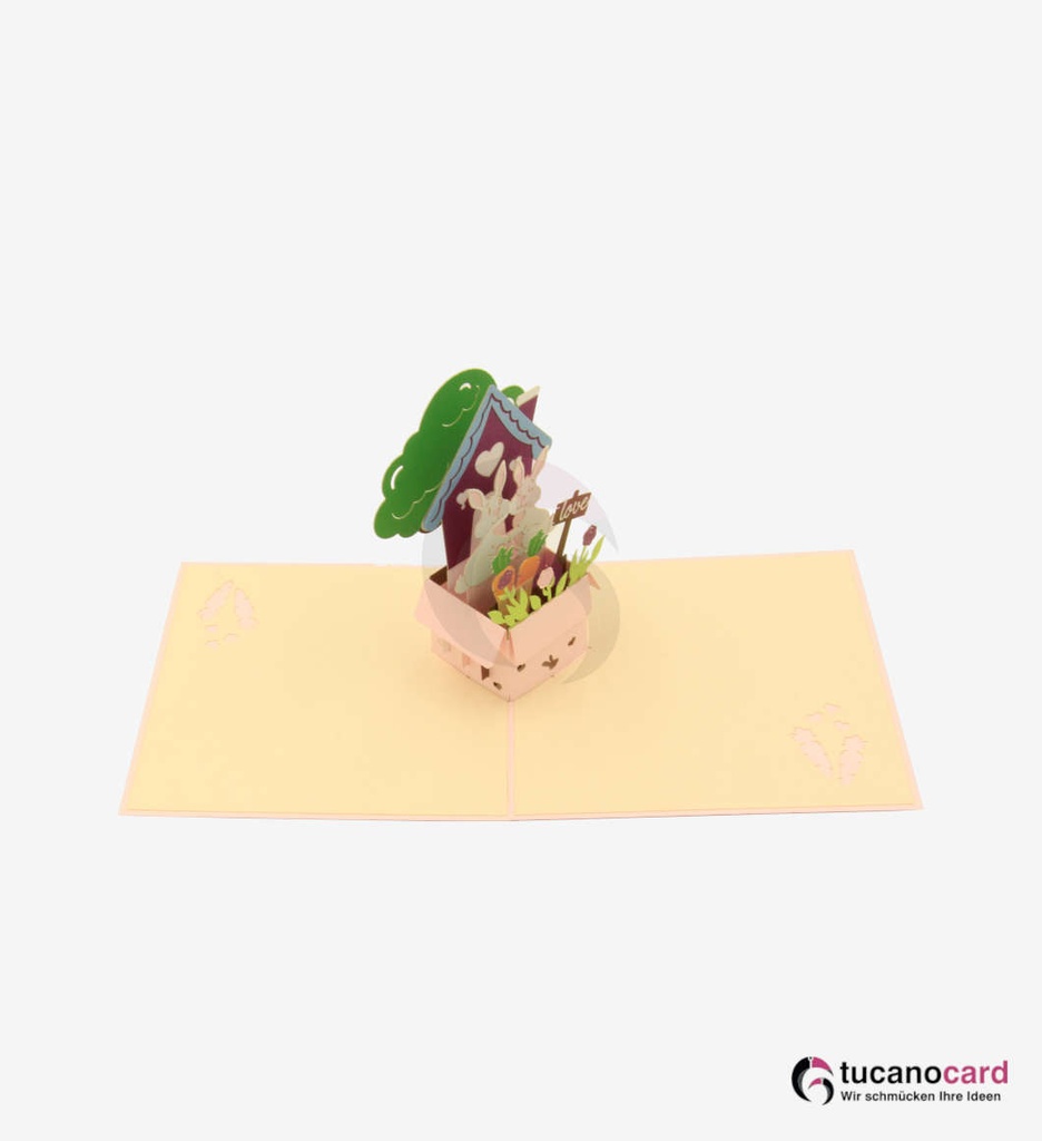 Häschen mit Haus und Garten - Kartenfarbe Rosa - 15 x 15 cm